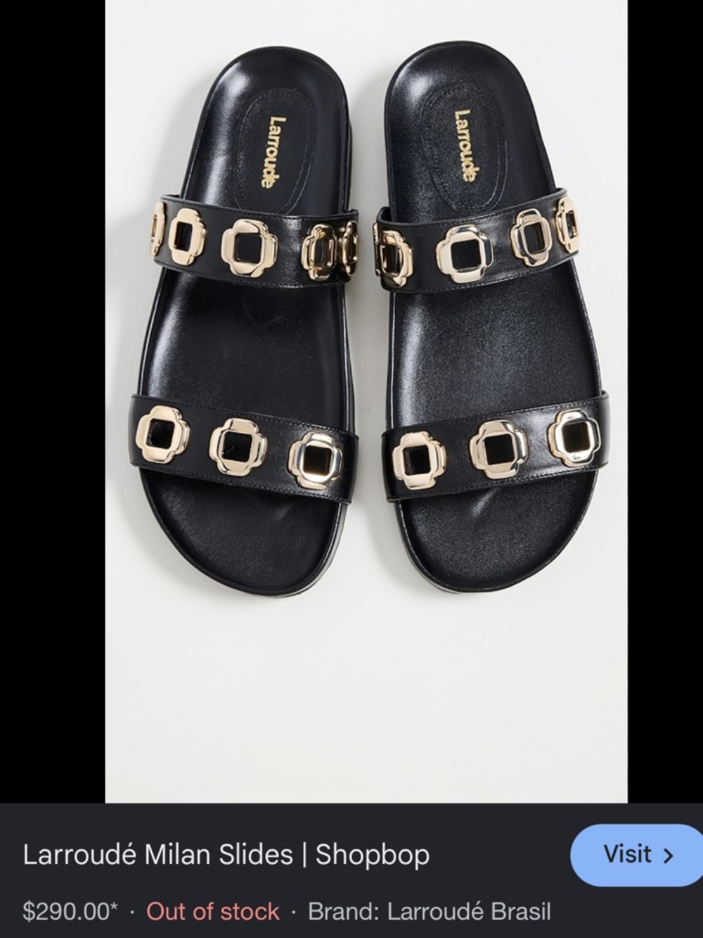 Larroude Milan Black Leather Double-Strap Slide Sandals with Gold Accents - Picture 6 of 12